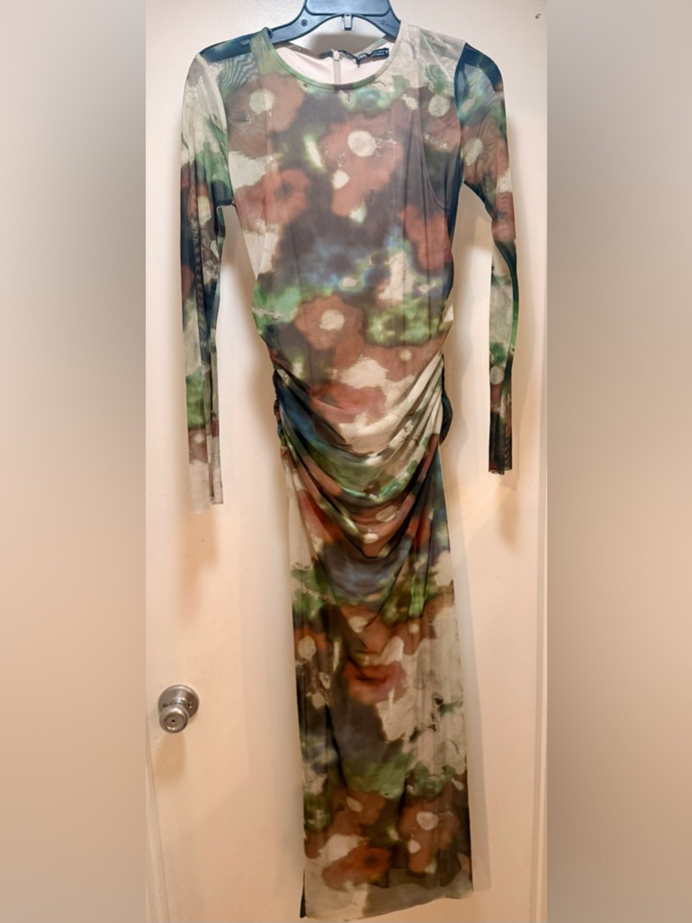 Zara Long-Sleeve Ruched Mesh Maxi Dress in Green, Brown, Cream Small